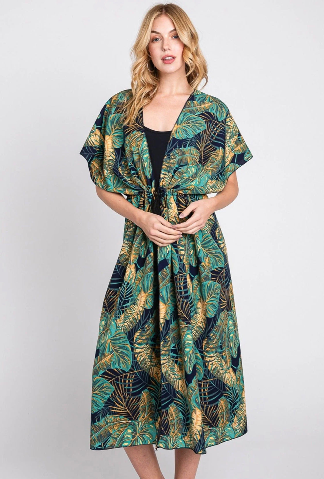 Eloise Tropical Leaves Drawstring Long Kimono