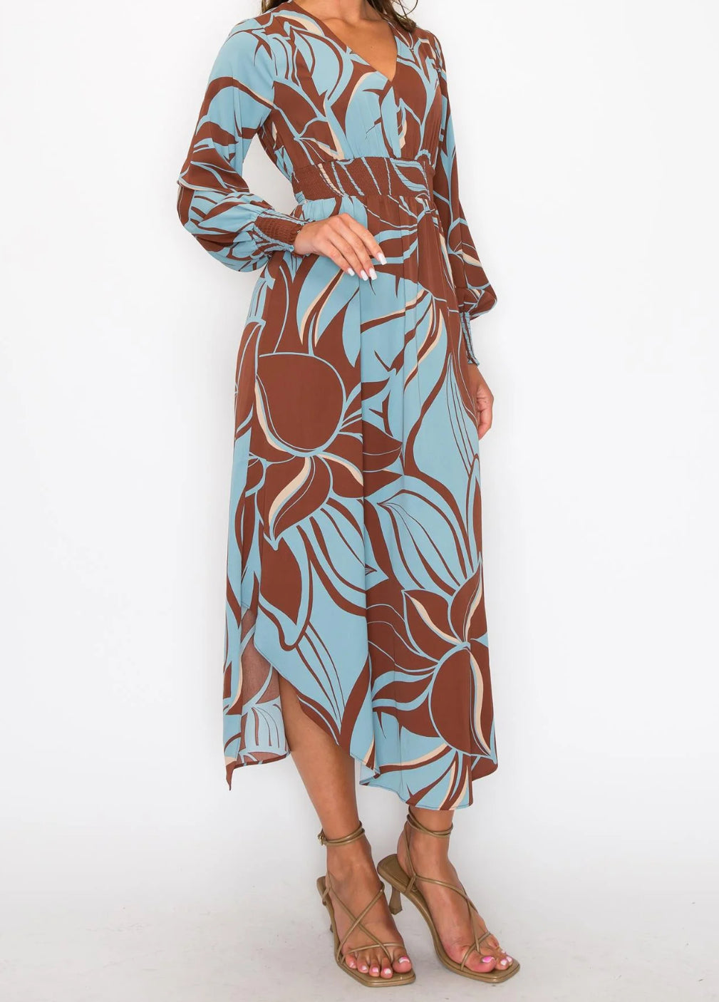 LEAF PRINT LONG SLEEVE MAXI DRESS