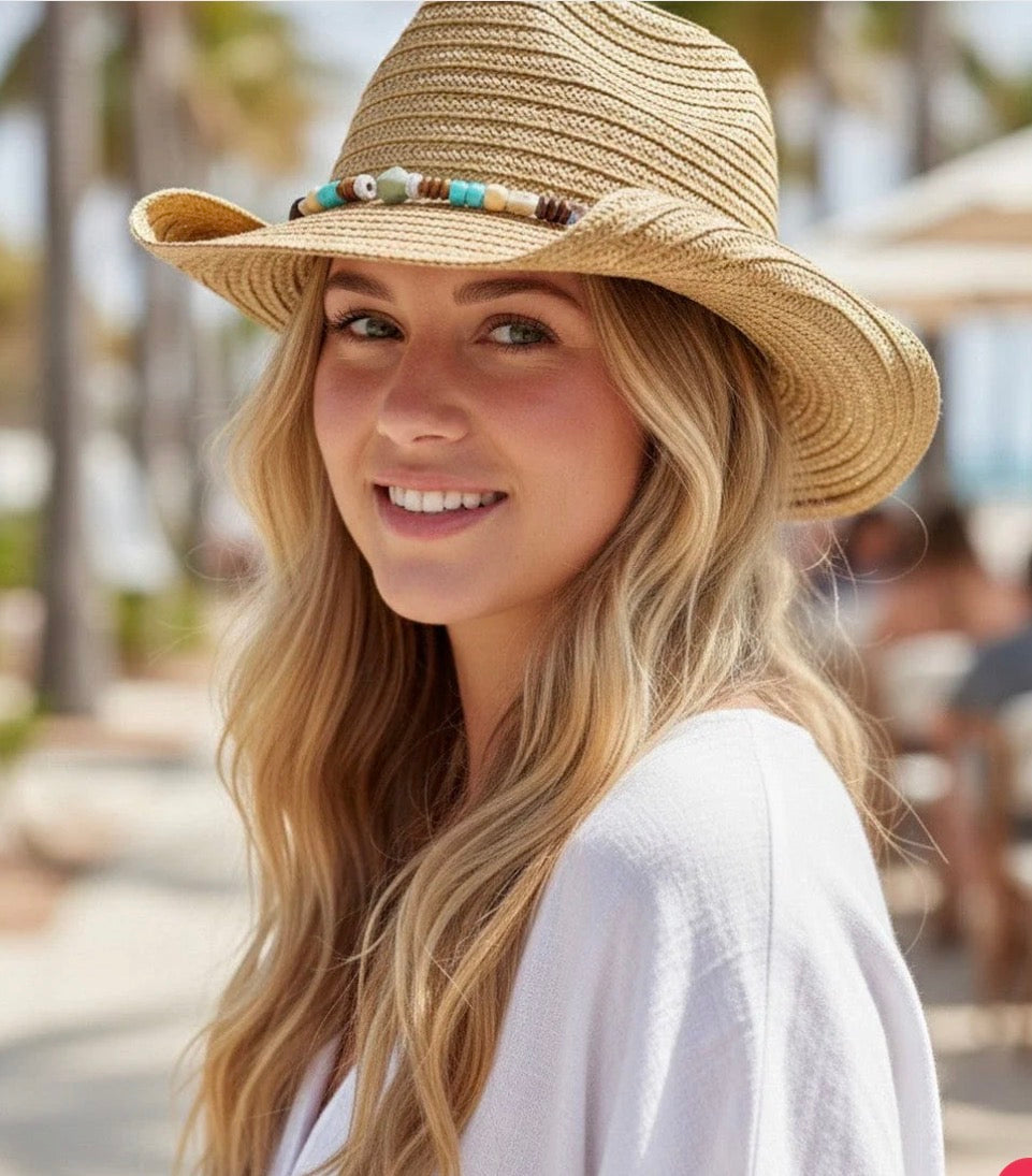 Straw Cowboy Hat With Stone and Wood Bead Band