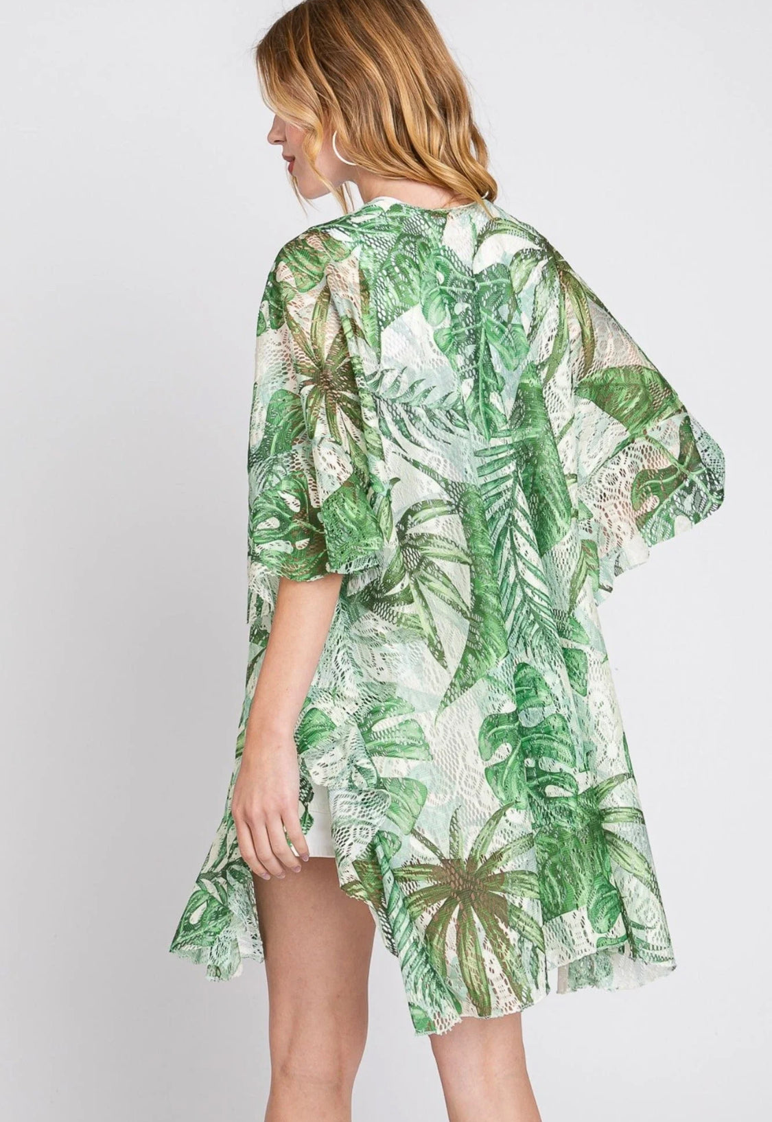 Ruffle Lined Tropical Leaves Kimono