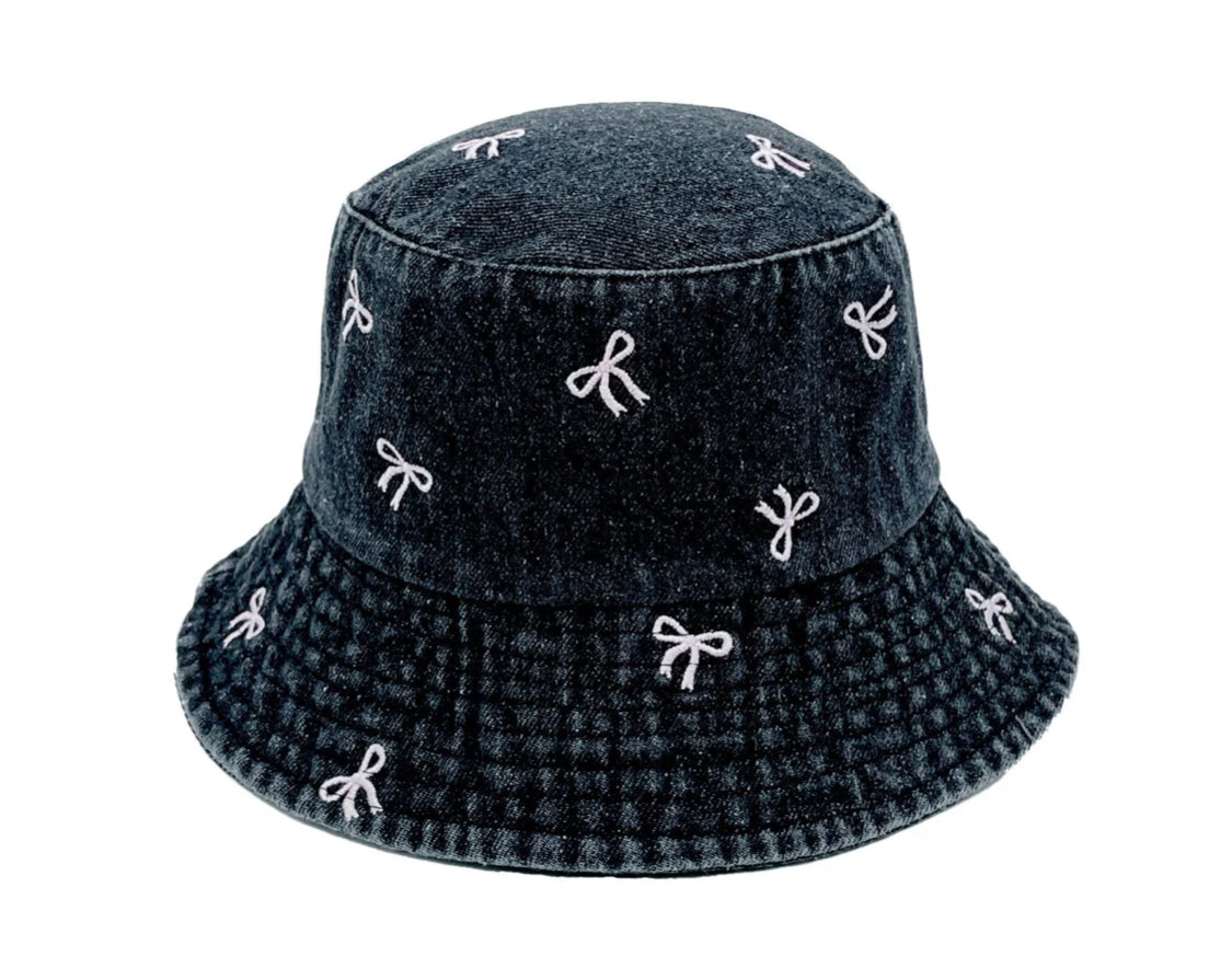 Embroidered Bow Denim Bucket Hat