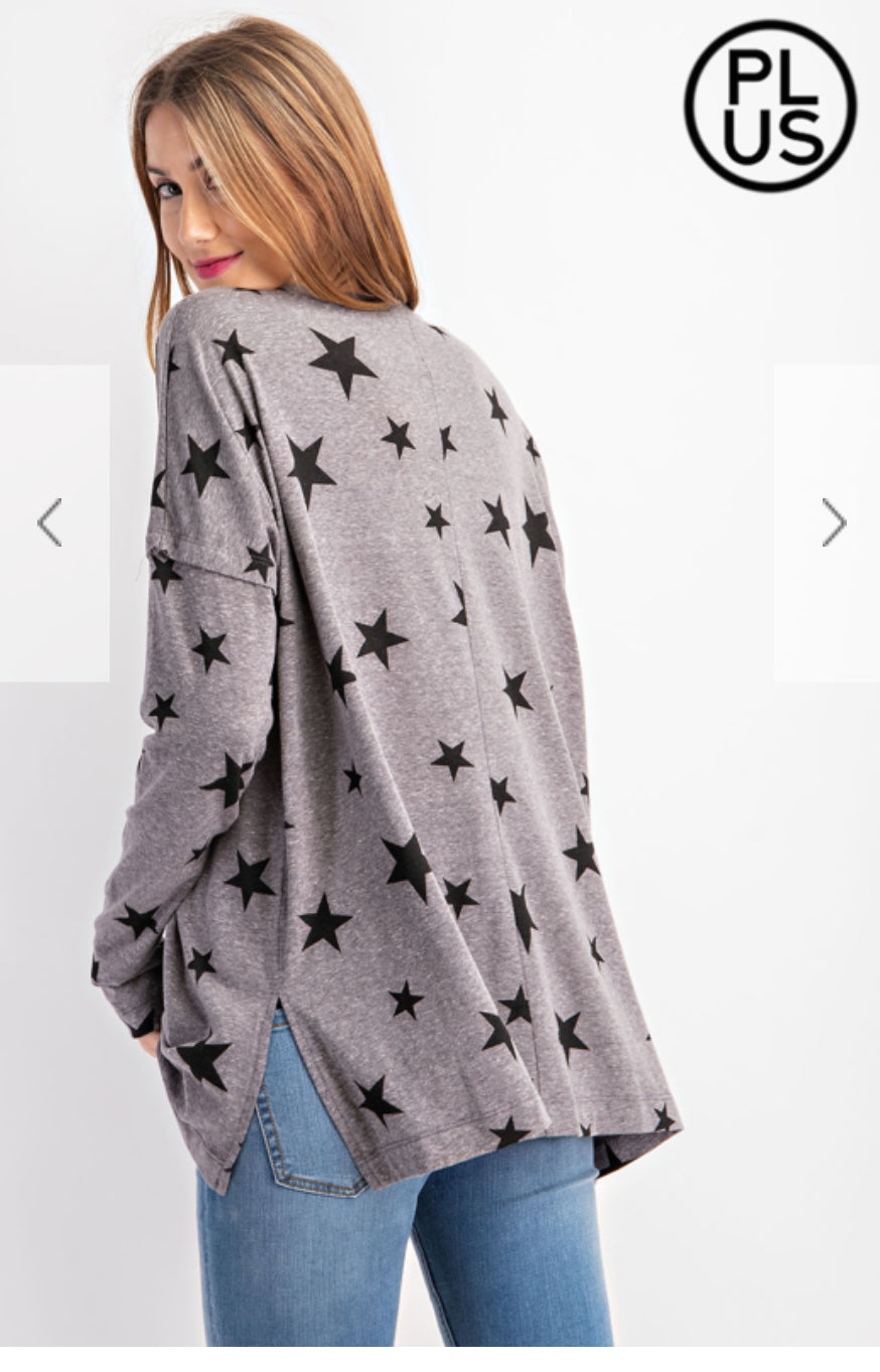 PLUS SIZE PRINTED TRI BLEND LONG SLEEVE TOP