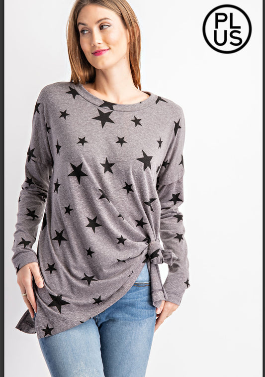 PLUS SIZE PRINTED TRI BLEND LONG SLEEVE TOP