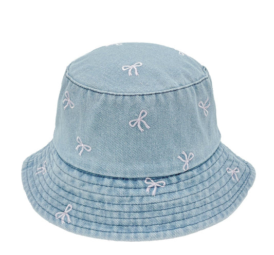 Embroidered Bow Denim Bucket Hat