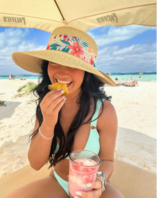 Tropical Print Ribbon Band Rolled Sun Hat