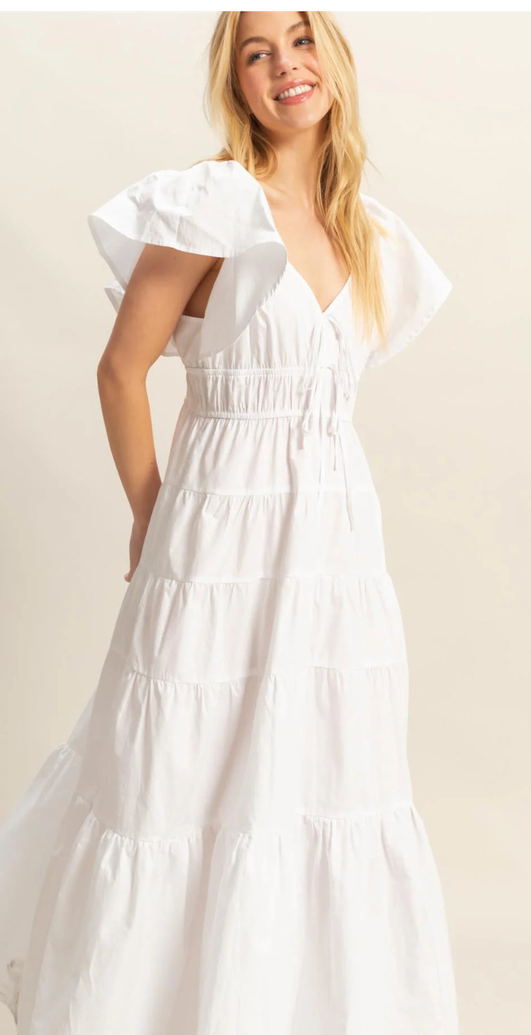 Flutter Sleeve Poplin Tiered Maxi Dress