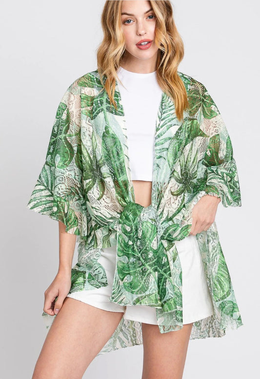 Ruffle Lined Tropical Leaves Kimono