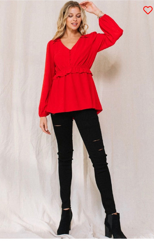 Red Solid button-down blouse