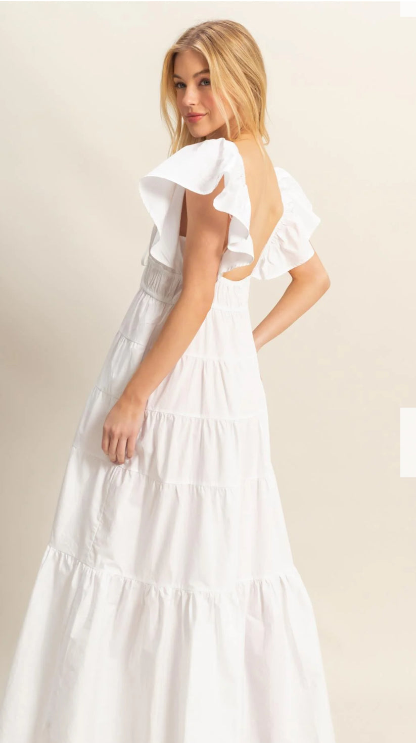 Flutter Sleeve Poplin Tiered Maxi Dress